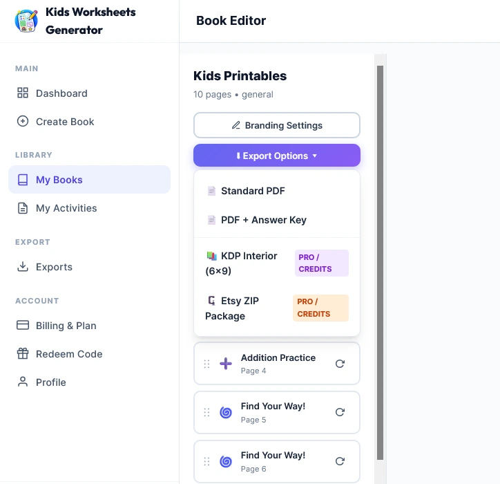 Export options for printable books